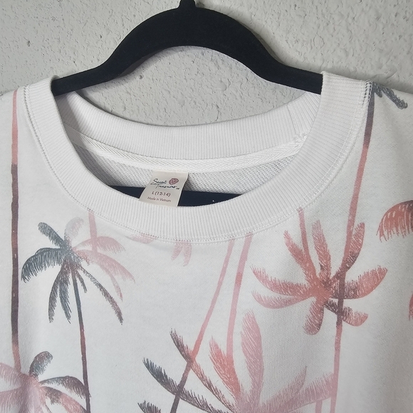 Secret Treasures Crop Sweatshirt Womens L 12-14 White Pink Palm Tree Soft Hi Lo - Picture 5 of 9